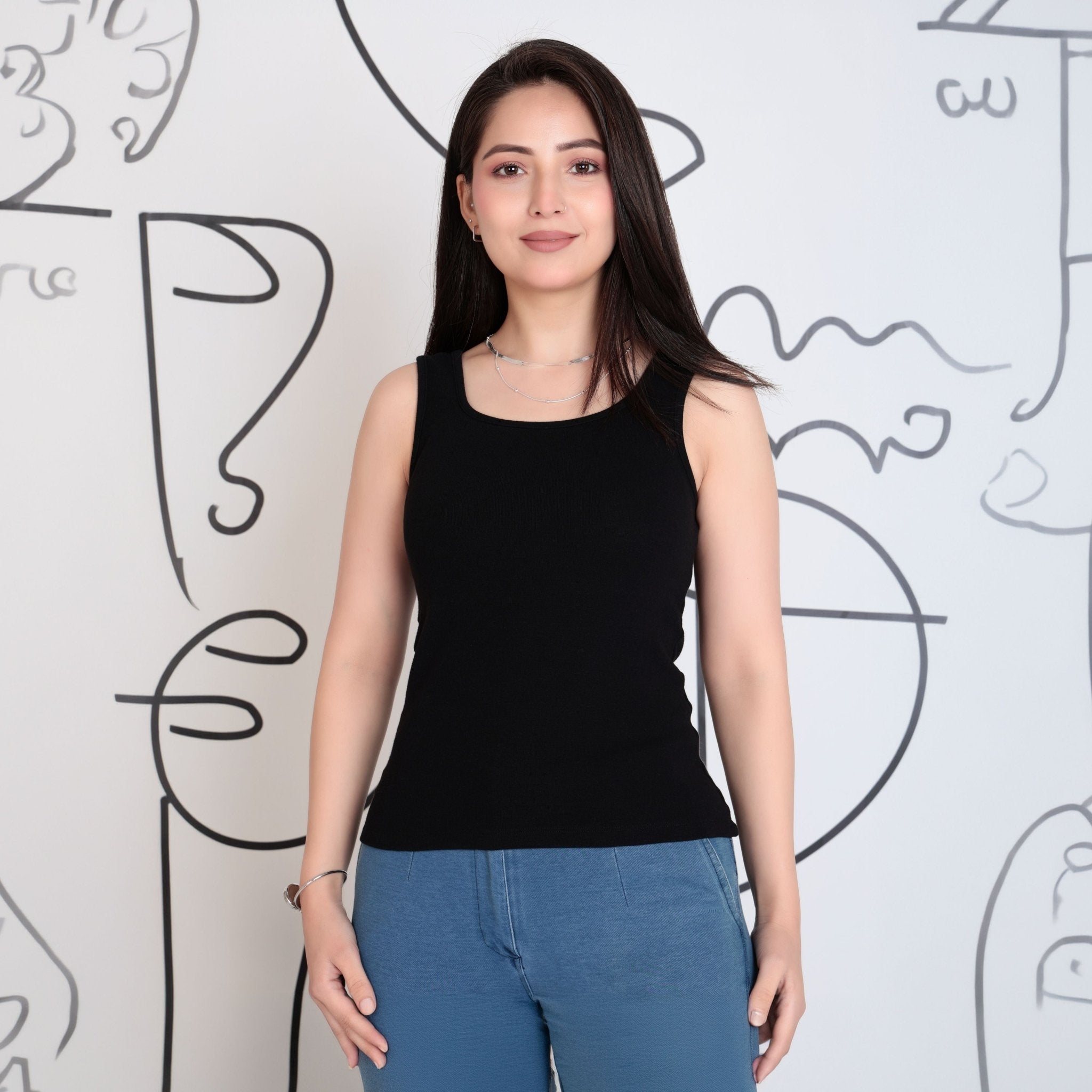 Black square neck tank top [ 280 GSM non transparent fabric ] -Rib top