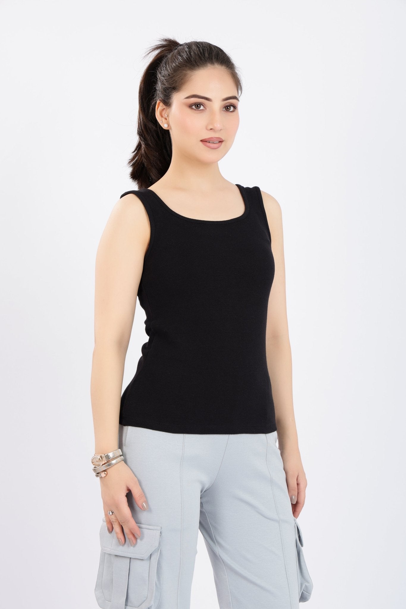 Black square neck tank top [ 280 GSM non transparent fabric ] -Rib top