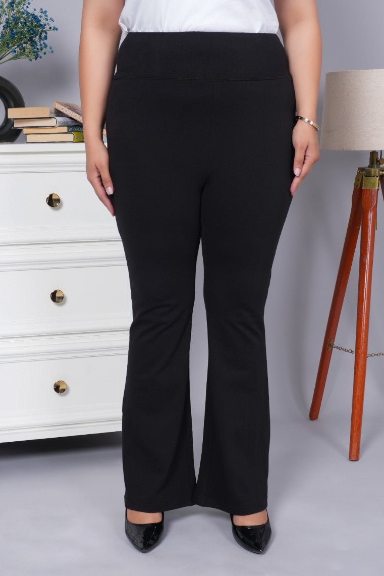 Black stretchable biowash cotton flare pants with superior elastic belt. - Cotton flare
