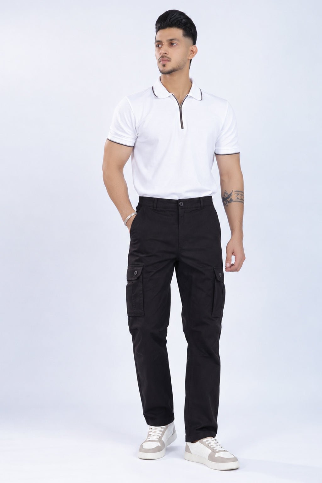 Black stretchable biowash HQ cotton travel cargo bottom with superior elastic belt. -Travel Cargo Pants
