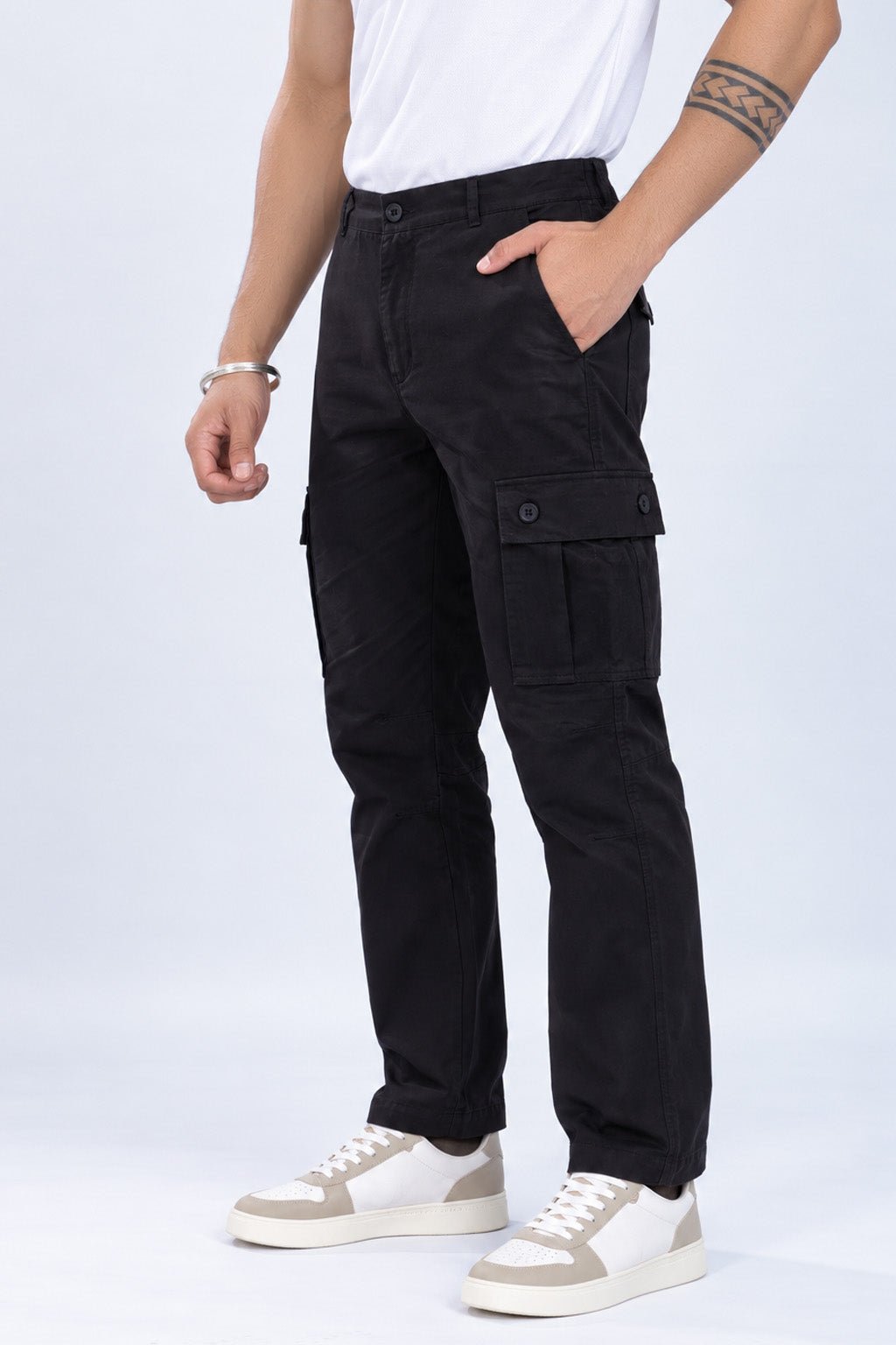 Black stretchable biowash HQ cotton travel cargo bottom with superior elastic belt. -Travel Cargo Pants