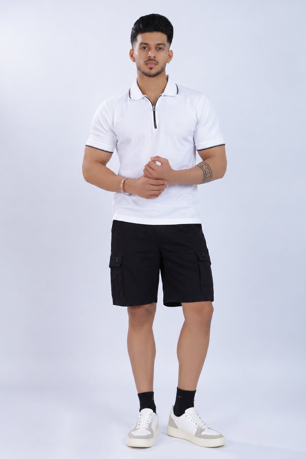 Black stretchable biowash HQ cotton travel shorts with superior elastic belt. -Travel shorts
