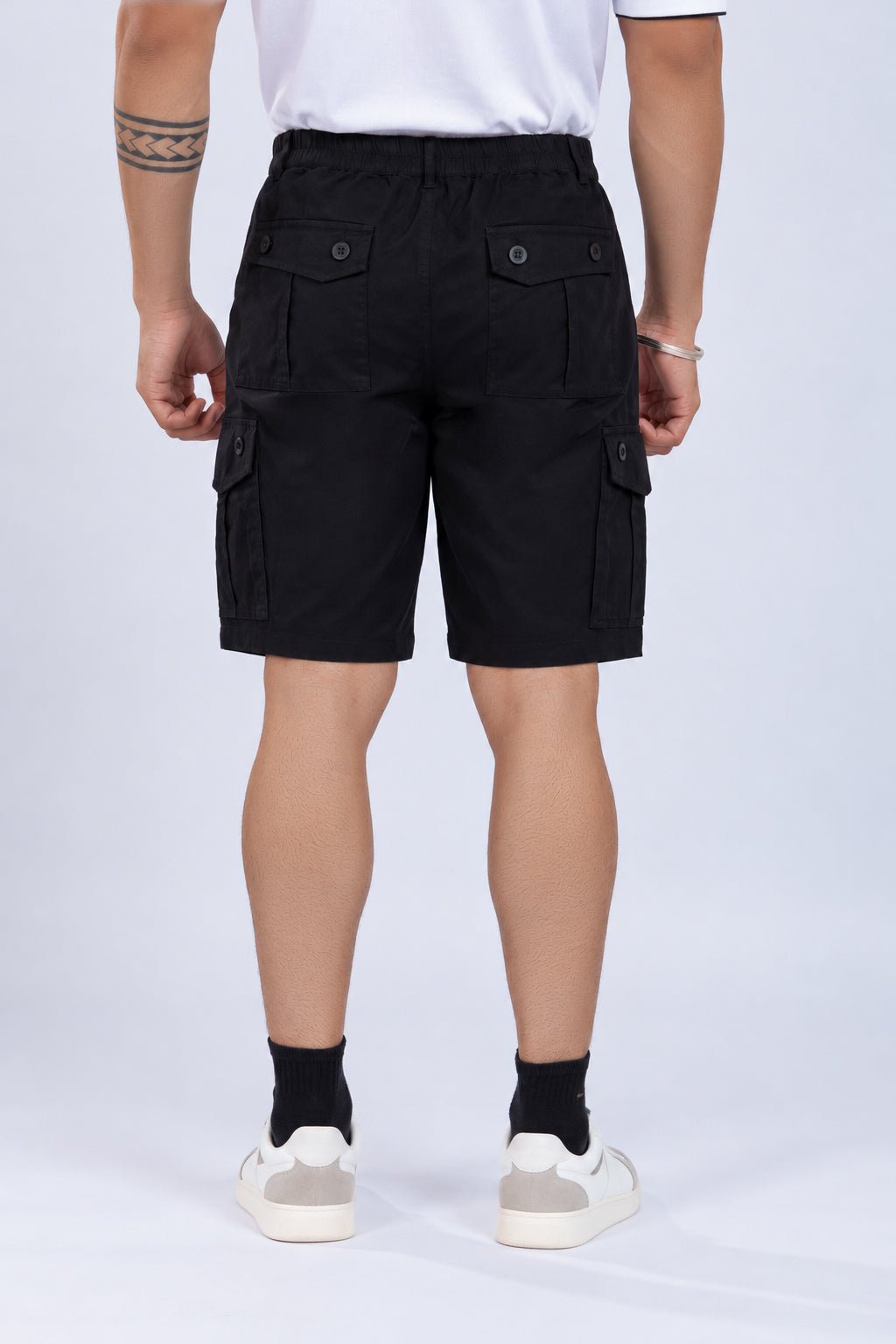 Black stretchable biowash HQ cotton travel shorts with superior elastic belt. -Travel shorts