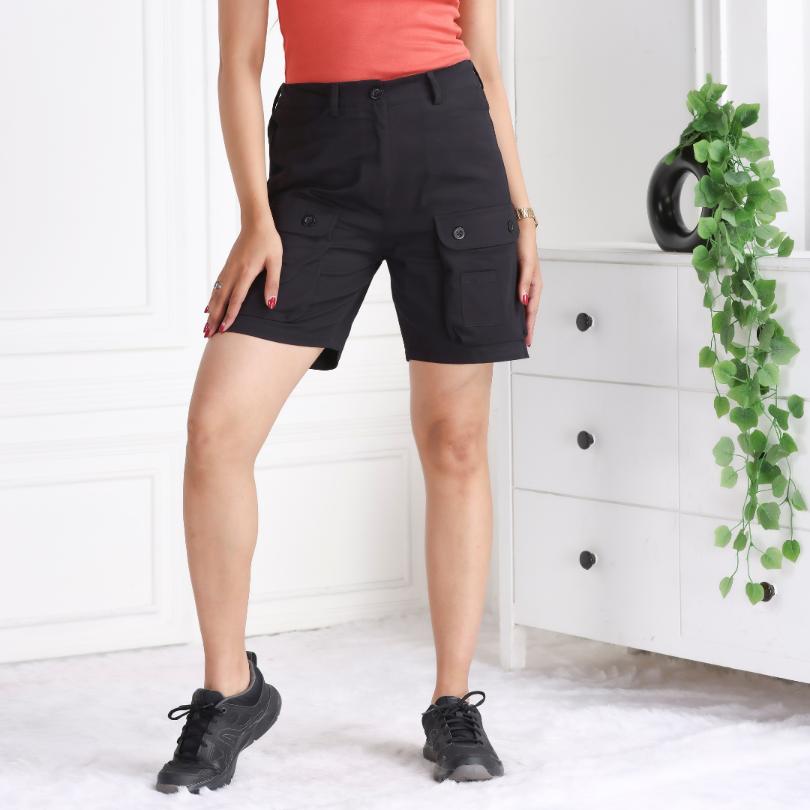 Black stretchable biowash USA HQ cotton travel shorts with superior elastic belt. - Travel shorts