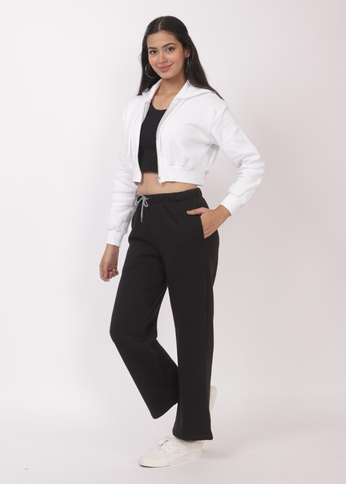 Black stretchable biowash USA HQ winter fleece cotton flare pants with superior elastic belt. - Winter flare pant