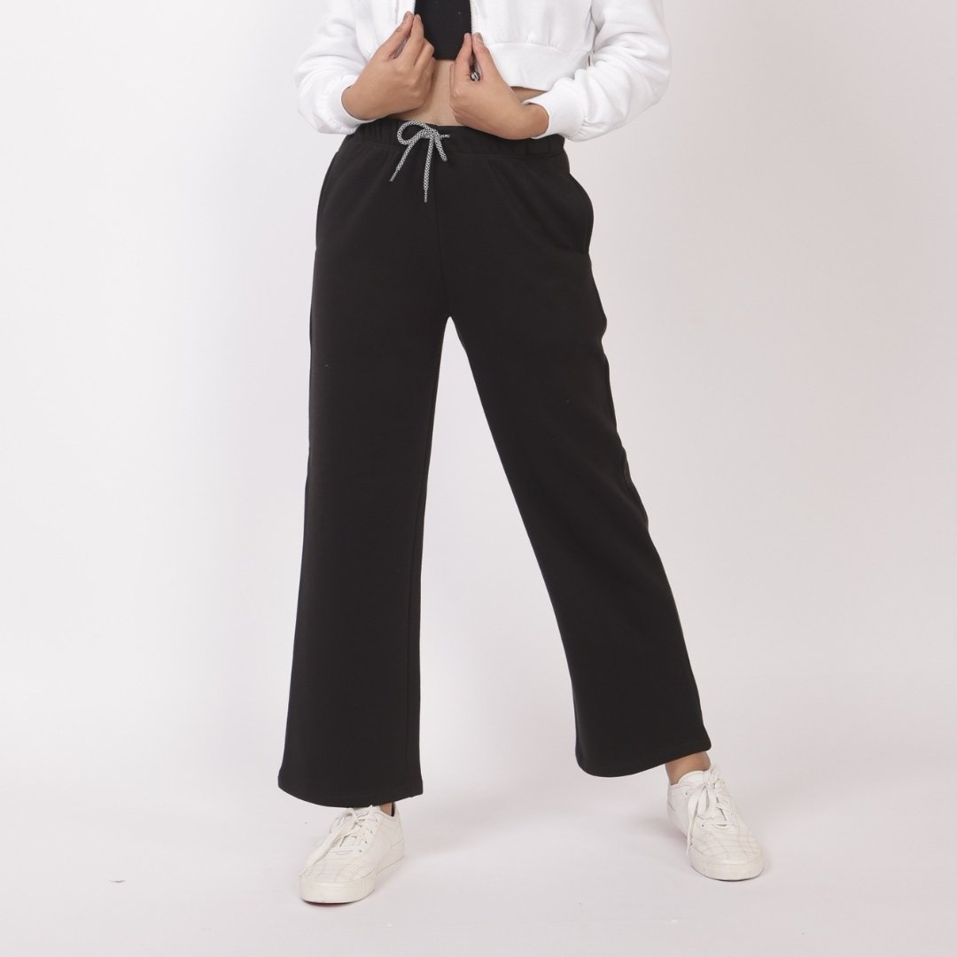 Black stretchable biowash USA HQ winter fleece cotton flare pants with superior elastic belt. - Winter flare pant