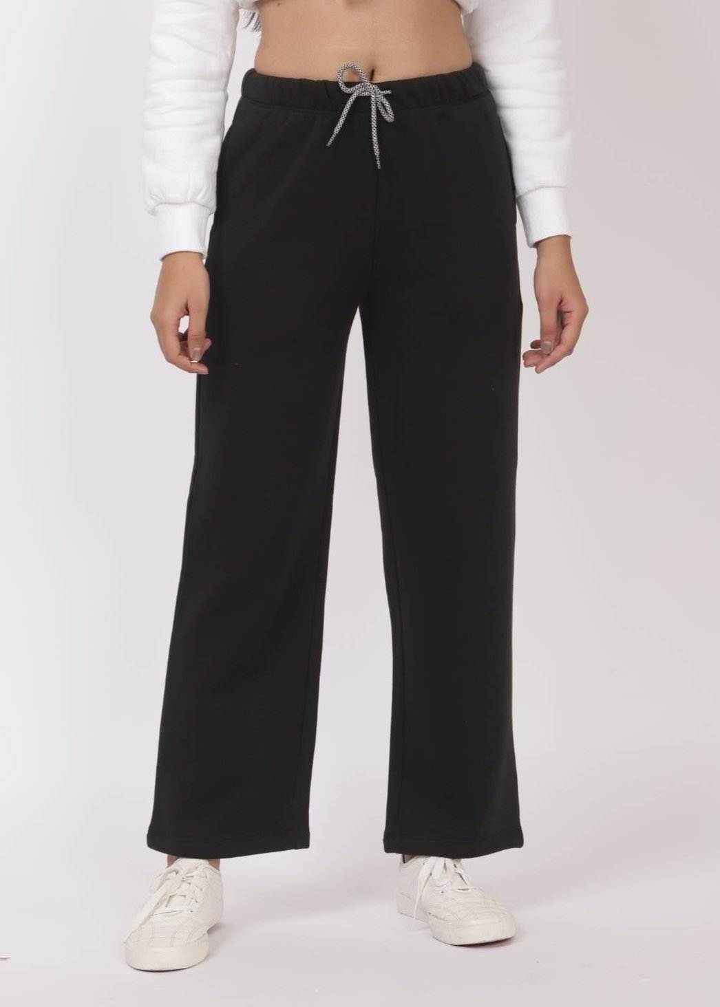 Black stretchable biowash USA HQ winter fleece cotton flare pants with superior elastic belt. - Winter flare pant