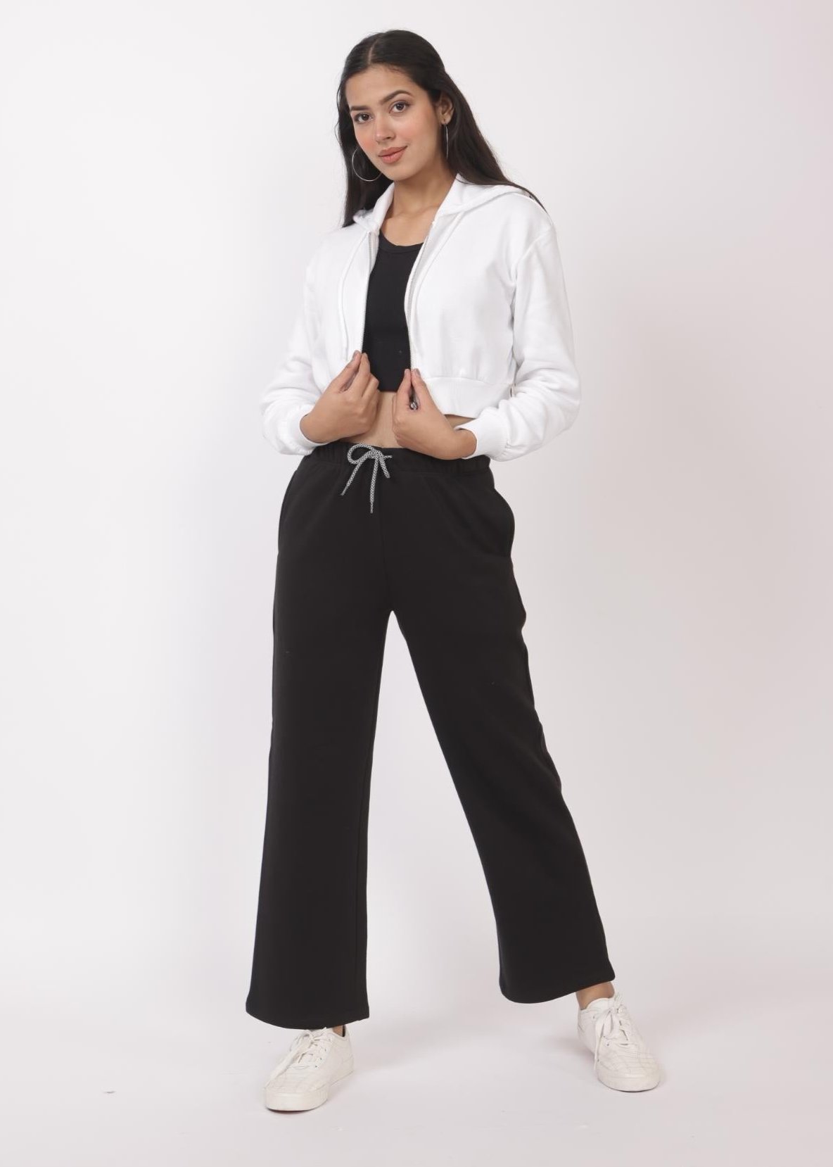 Black stretchable biowash USA HQ winter fleece cotton flare pants with superior elastic belt. - Winter flare pant