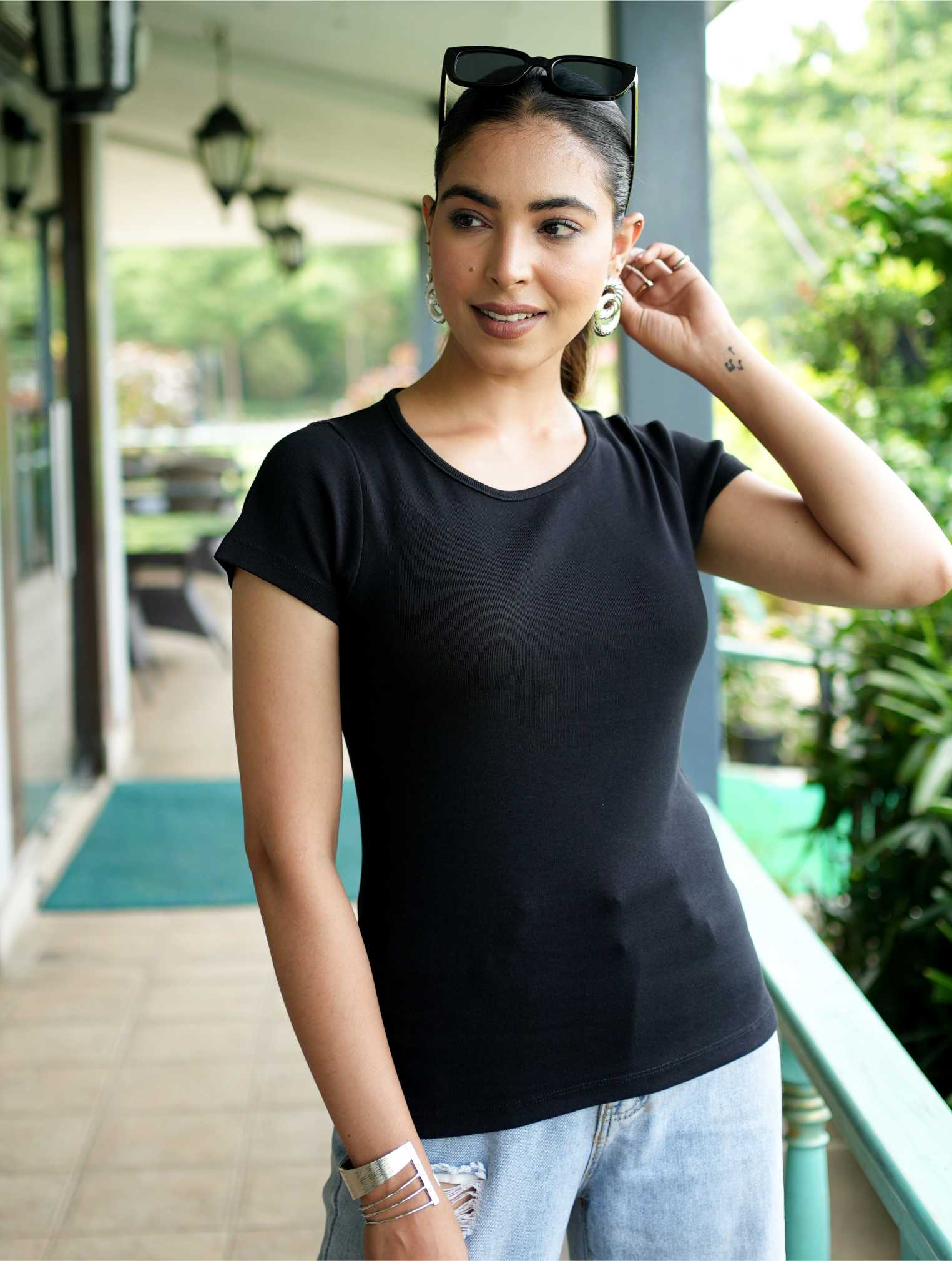 Black Stretchable Rib T Shirt [ 100% USA HQ Cotton, 280 GSM non transparent fabric ] - Rib t shirt