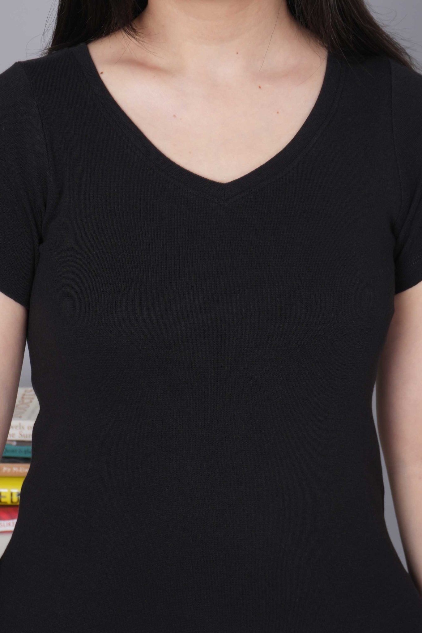 Black Stretchable V Neck Rib T Shirt [ 100% USA HQ Cotton, 280 GSM non transparent fabric ] - Rib v neck t shirt