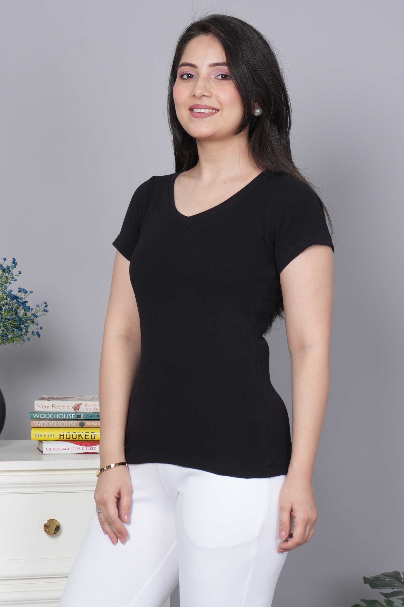 Black Stretchable V Neck Rib T Shirt [ 100% USA HQ Cotton, 280 GSM non transparent fabric ] - Rib v neck t shirt