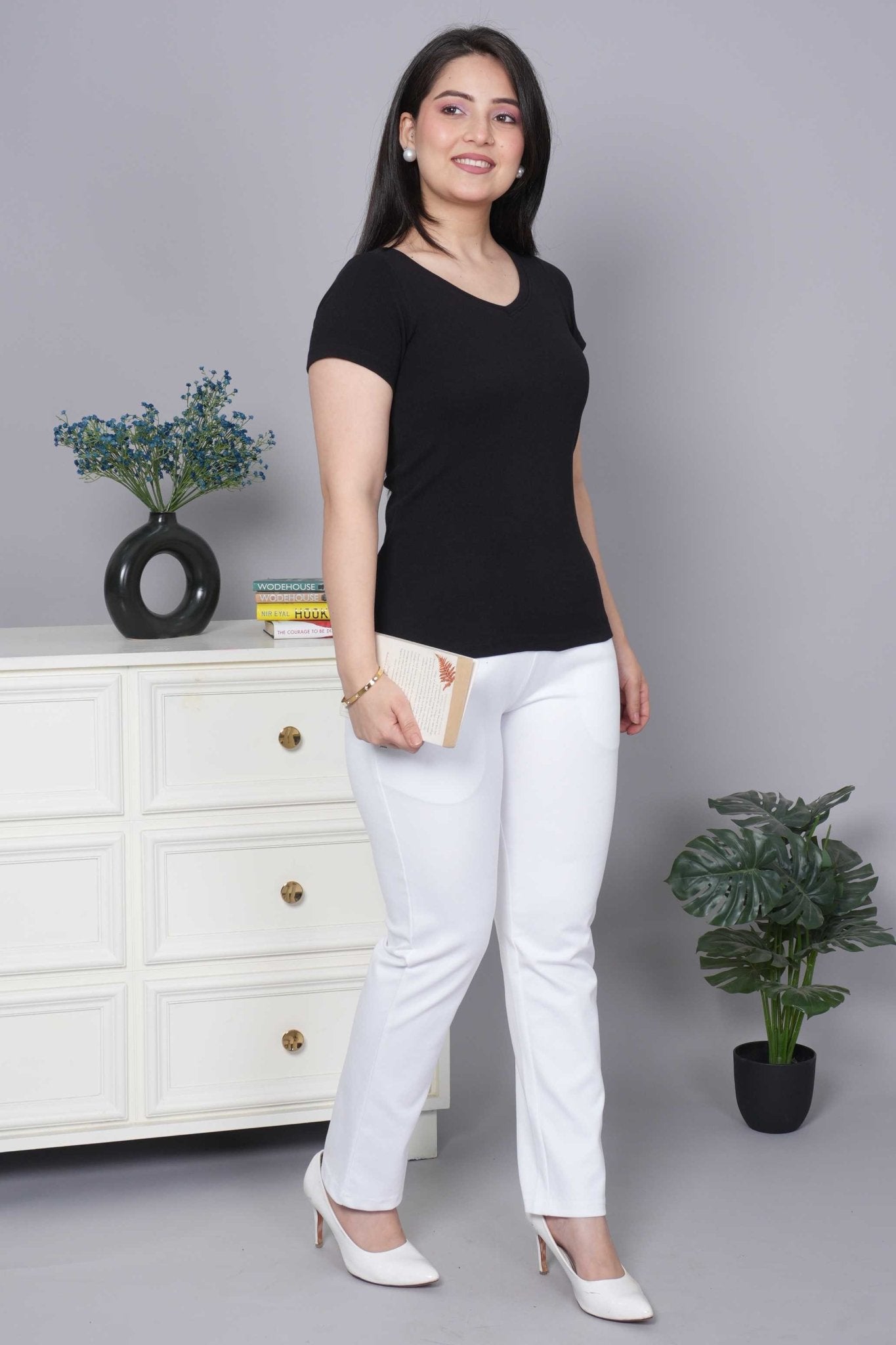 Black Stretchable V Neck Rib T Shirt [ 100% USA HQ Cotton, 280 GSM non transparent fabric ] - Rib v neck t shirt