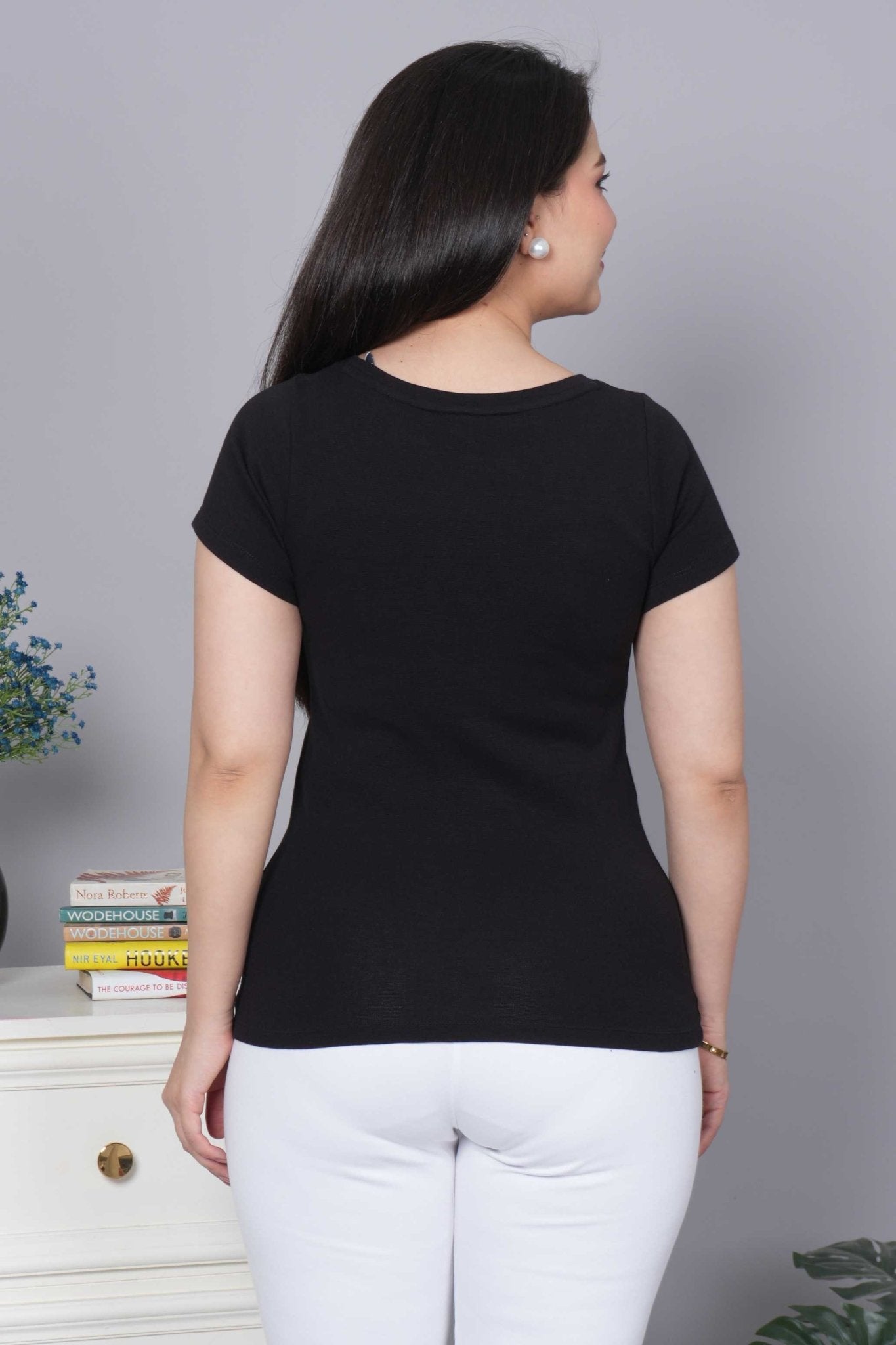 Black Stretchable V Neck Rib T Shirt [ 100% USA HQ Cotton, 280 GSM non transparent fabric ] - Rib v neck t shirt