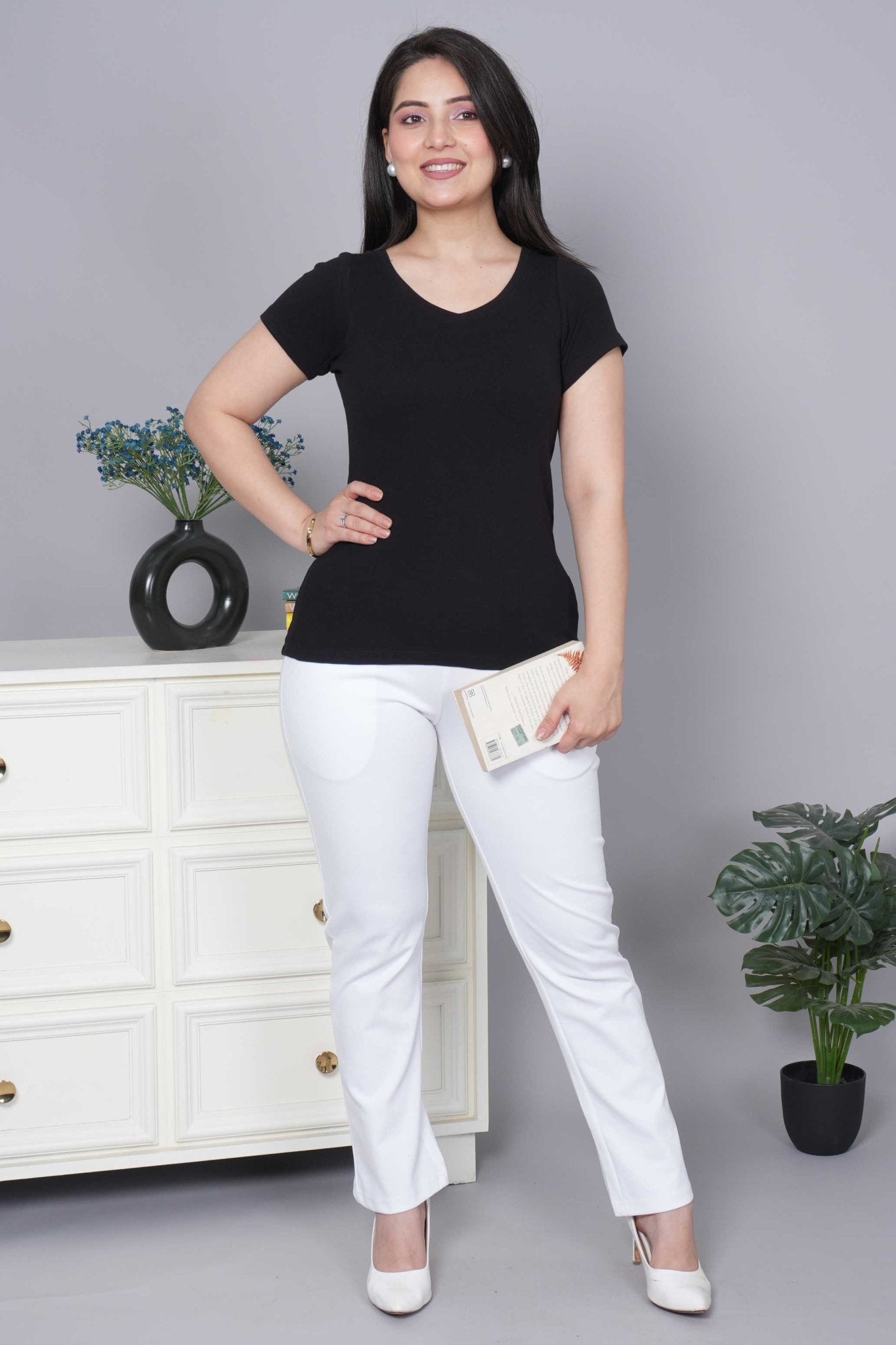 Black Stretchable V Neck Rib T Shirt [ 100% USA HQ Cotton, 280 GSM non transparent fabric ] - Rib v neck t shirt