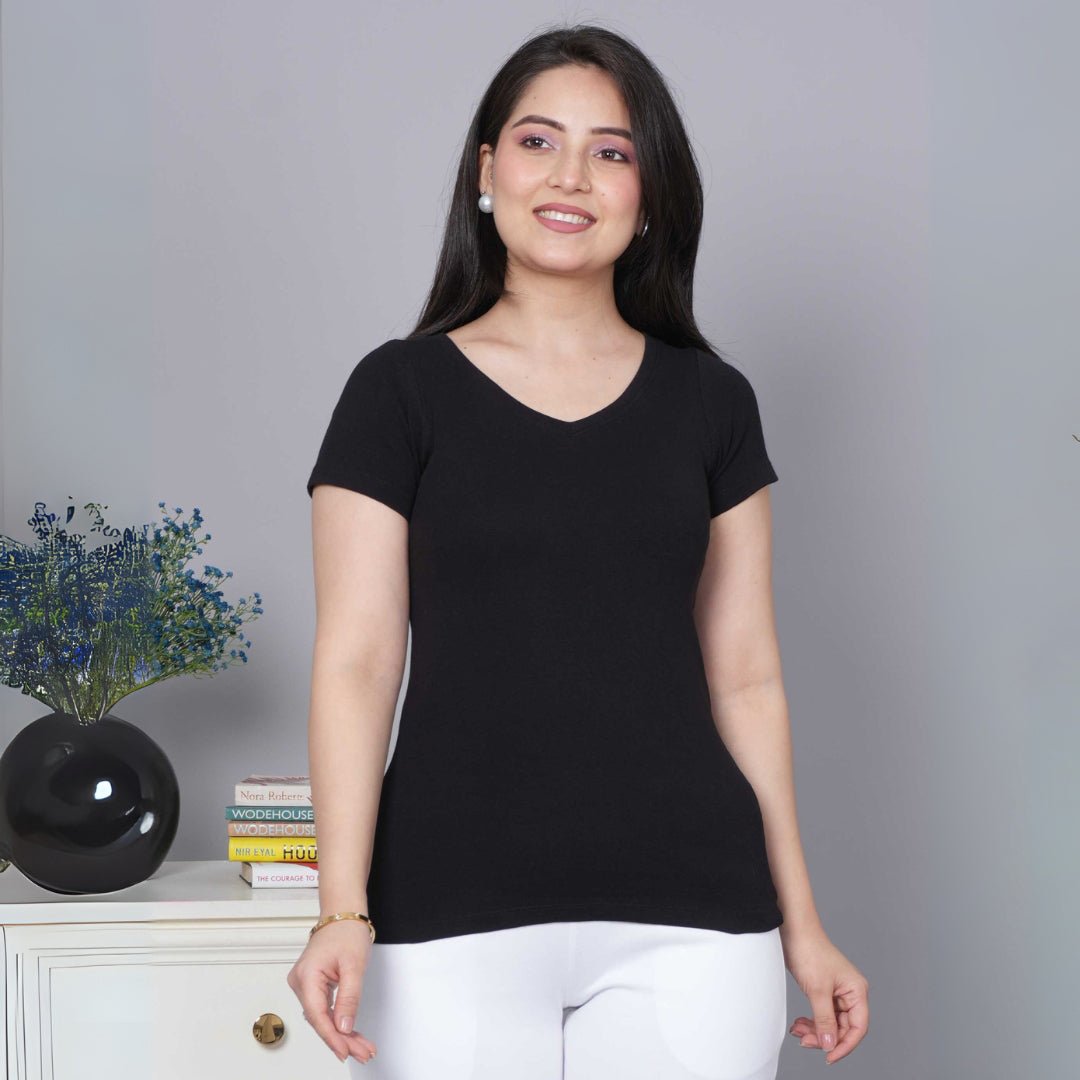 Black Stretchable V Neck Rib T Shirt [ 100% USA HQ Cotton, 280 GSM non transparent fabric ] - Rib v neck t shirt