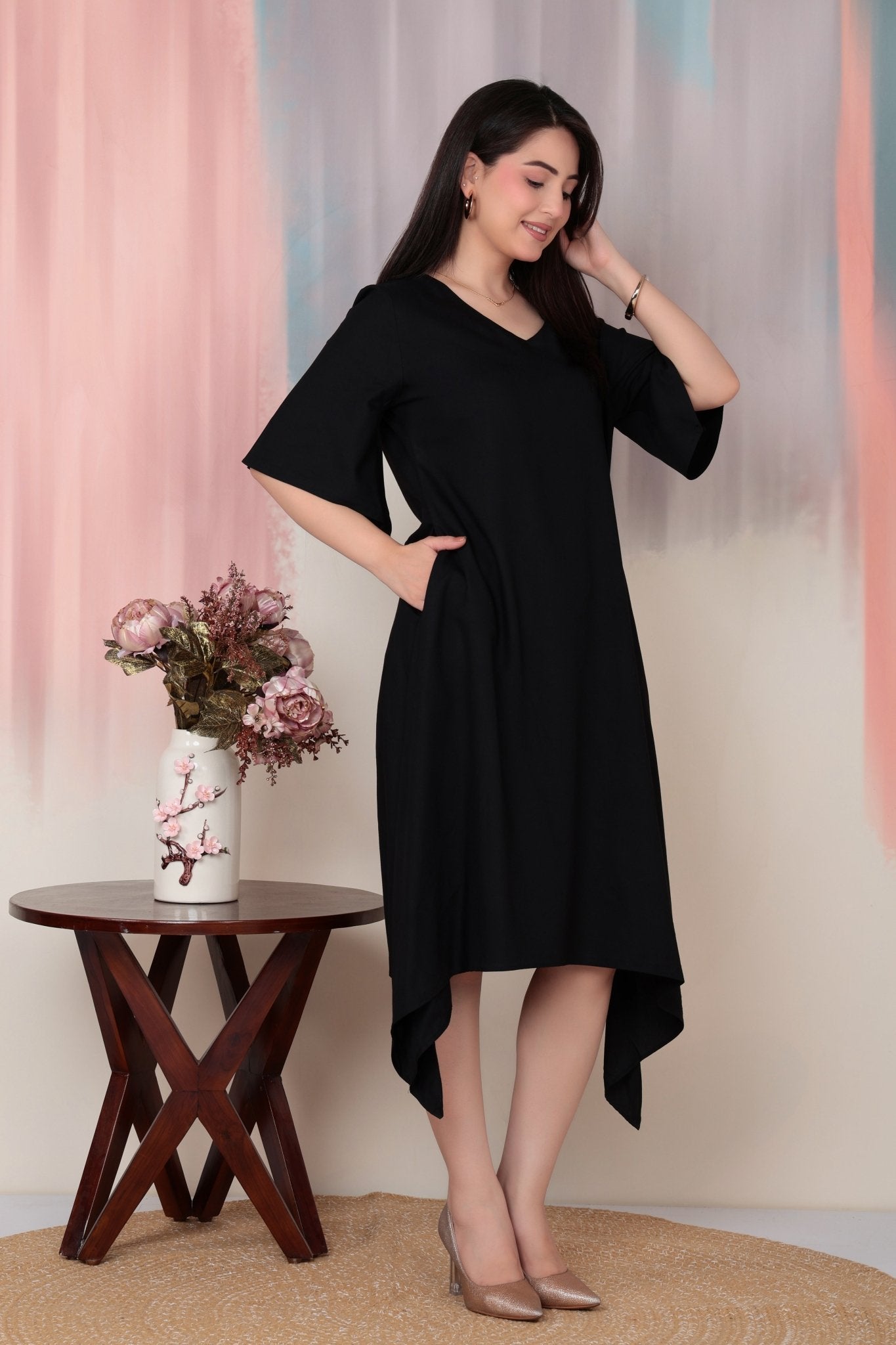 Black v-neck line dress with sleeves [ Premium 100% Rayon, Liva Certified ] -Rayon flare dress with pocket