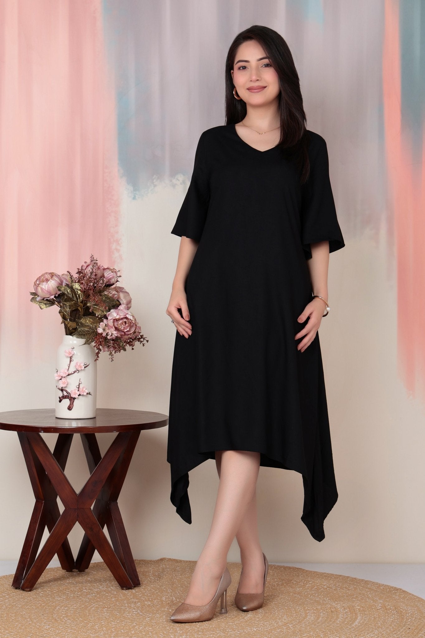 Black v-neck line dress with sleeves [ Premium 100% Rayon, Liva Certified ] -Rayon flare dress with pocket