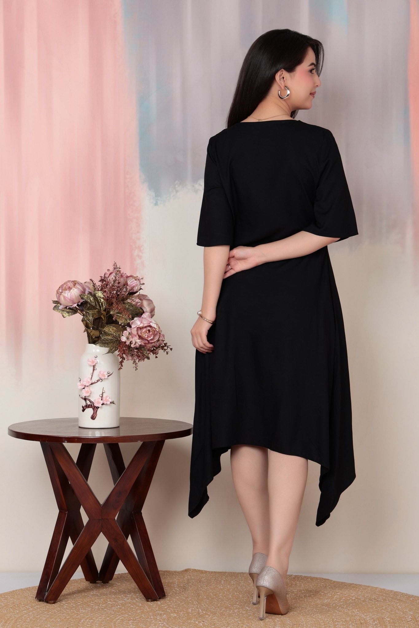 Black v-neck line dress with sleeves [ Premium 100% Rayon, Liva Certified ] -Rayon flare dress with pocket