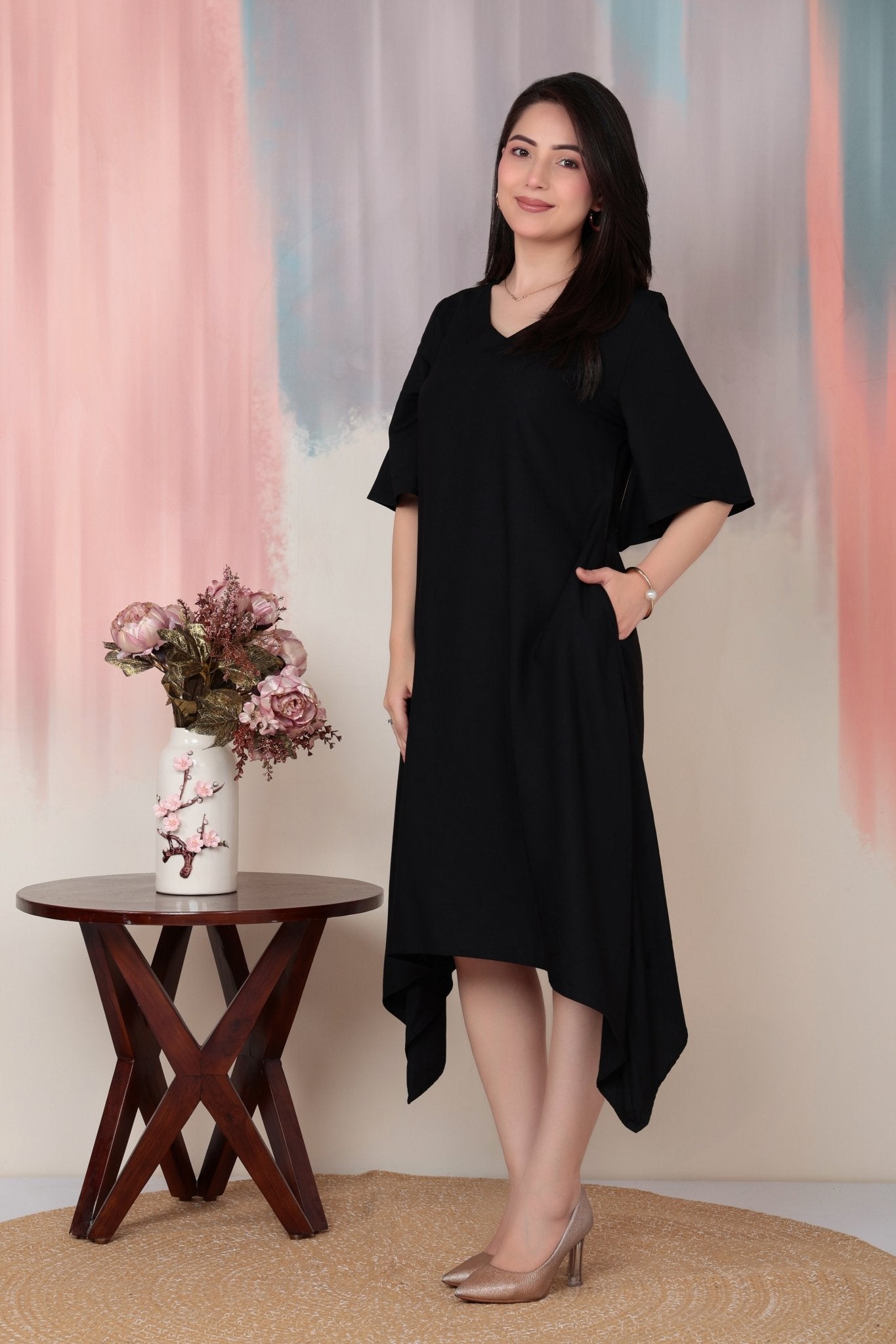 Black v-neck line dress with sleeves [ Premium 100% Rayon, Liva Certified ] -Rayon flare dress with pocket