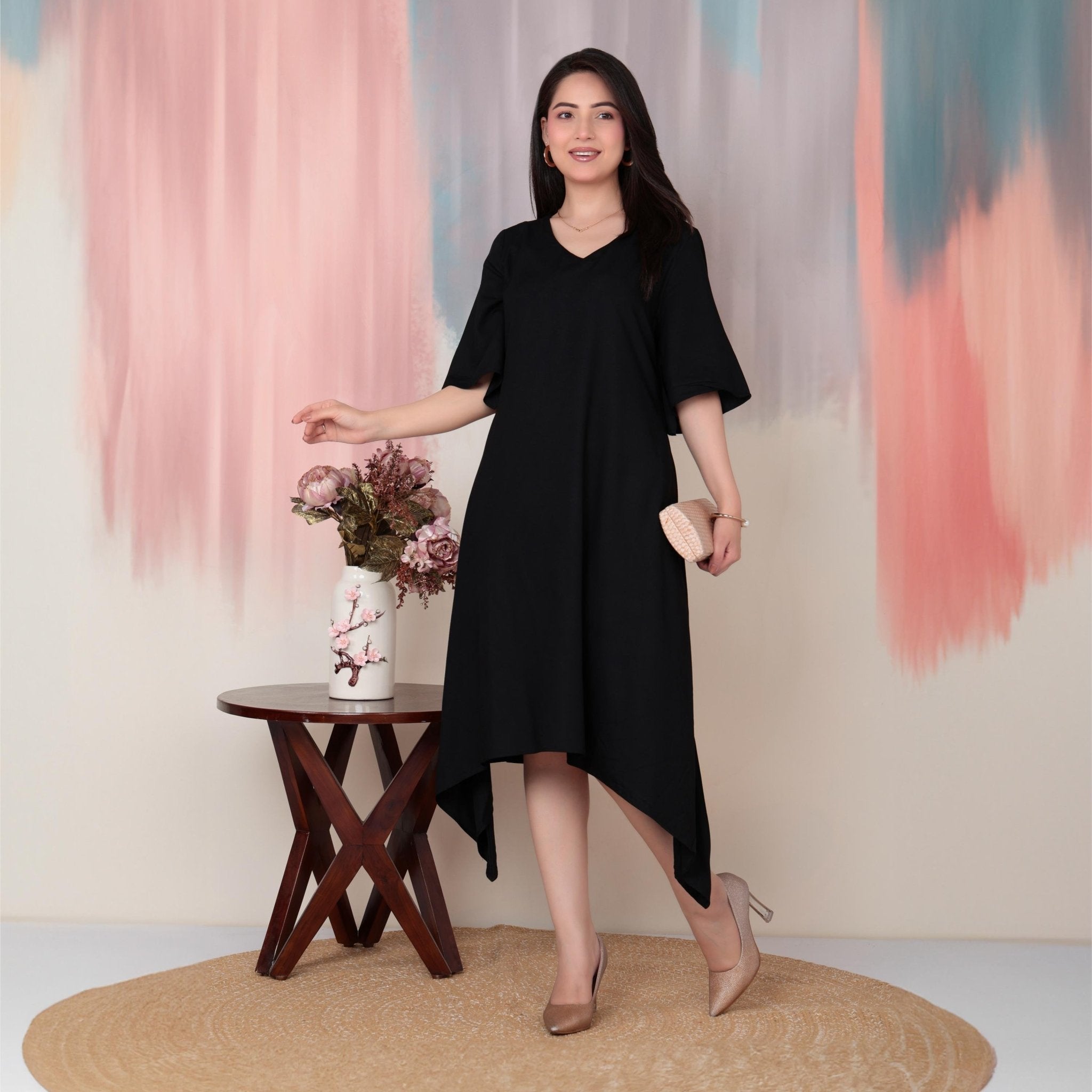 Black v-neck line dress with sleeves [ Premium 100% Rayon, Liva Certified ] -Rayon flare dress with pocket