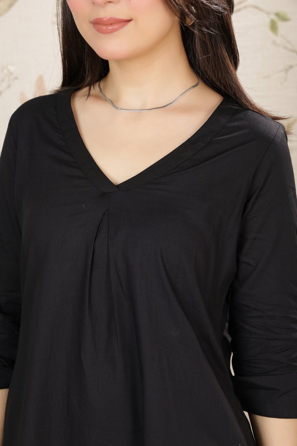 Black v-neck pleated dress with sleeves [100% pure cotton] -Cotton midi dress