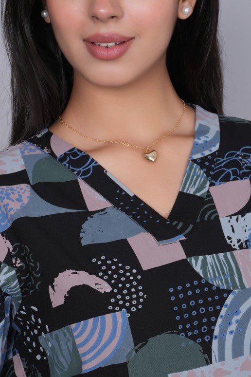 Black v neck printed rayon flare top [100% Rayon] - Printed v neck top