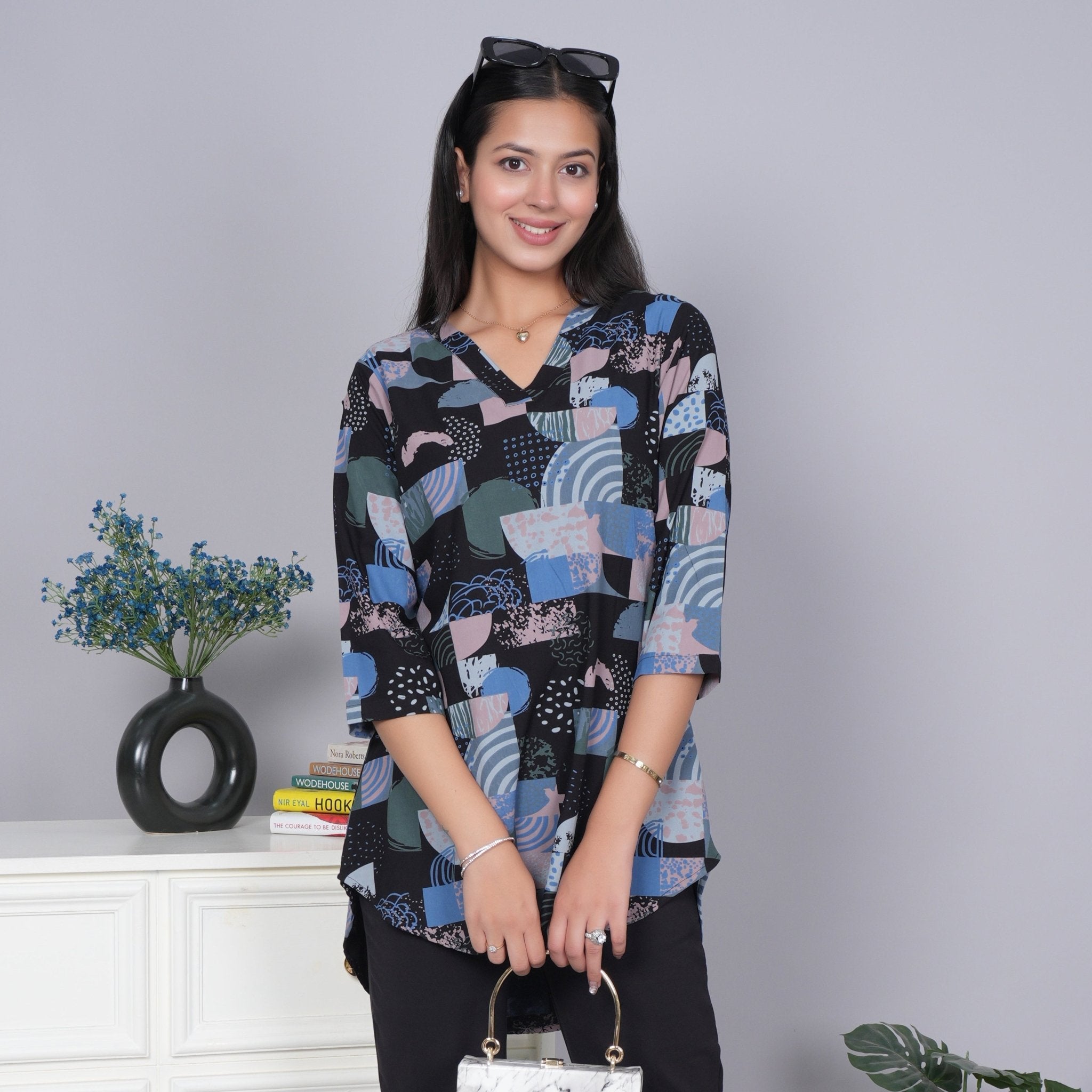 Black v neck printed rayon flare top [100% Rayon] - Printed v neck top