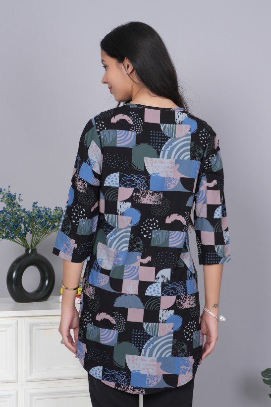 Black v neck printed rayon flare top [100% Rayon] - Printed v neck top