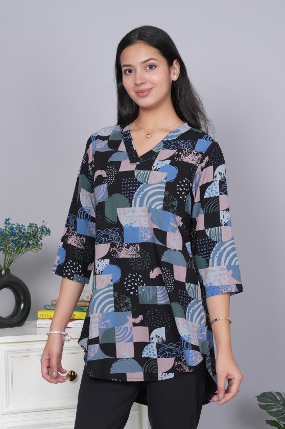 Black v neck printed rayon flare top [100% Rayon] - Printed v neck top