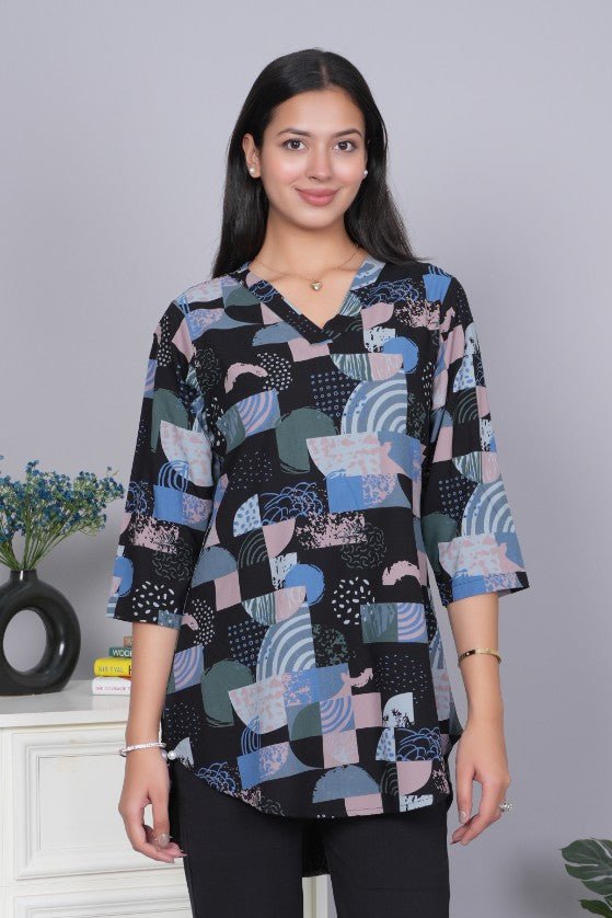Black v neck printed rayon flare top [100% Rayon] - Printed v neck top