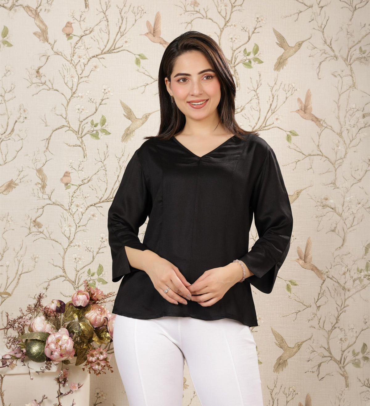 Black v-neck satin top -satin shirt