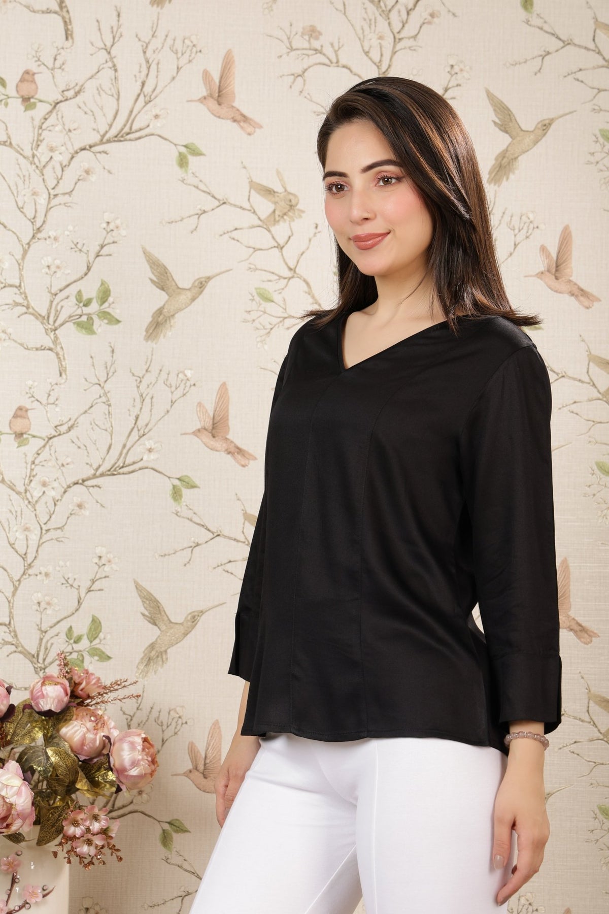 Black v-neck satin top -satin shirt