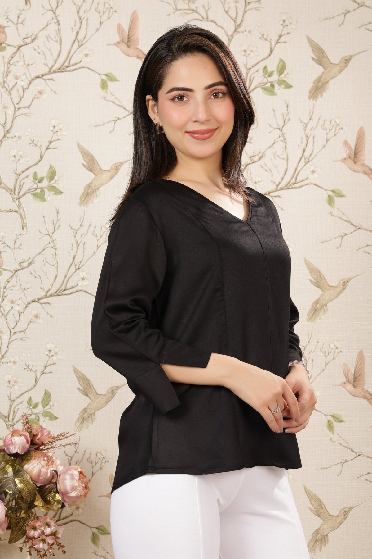 Black v-neck satin top -satin shirt