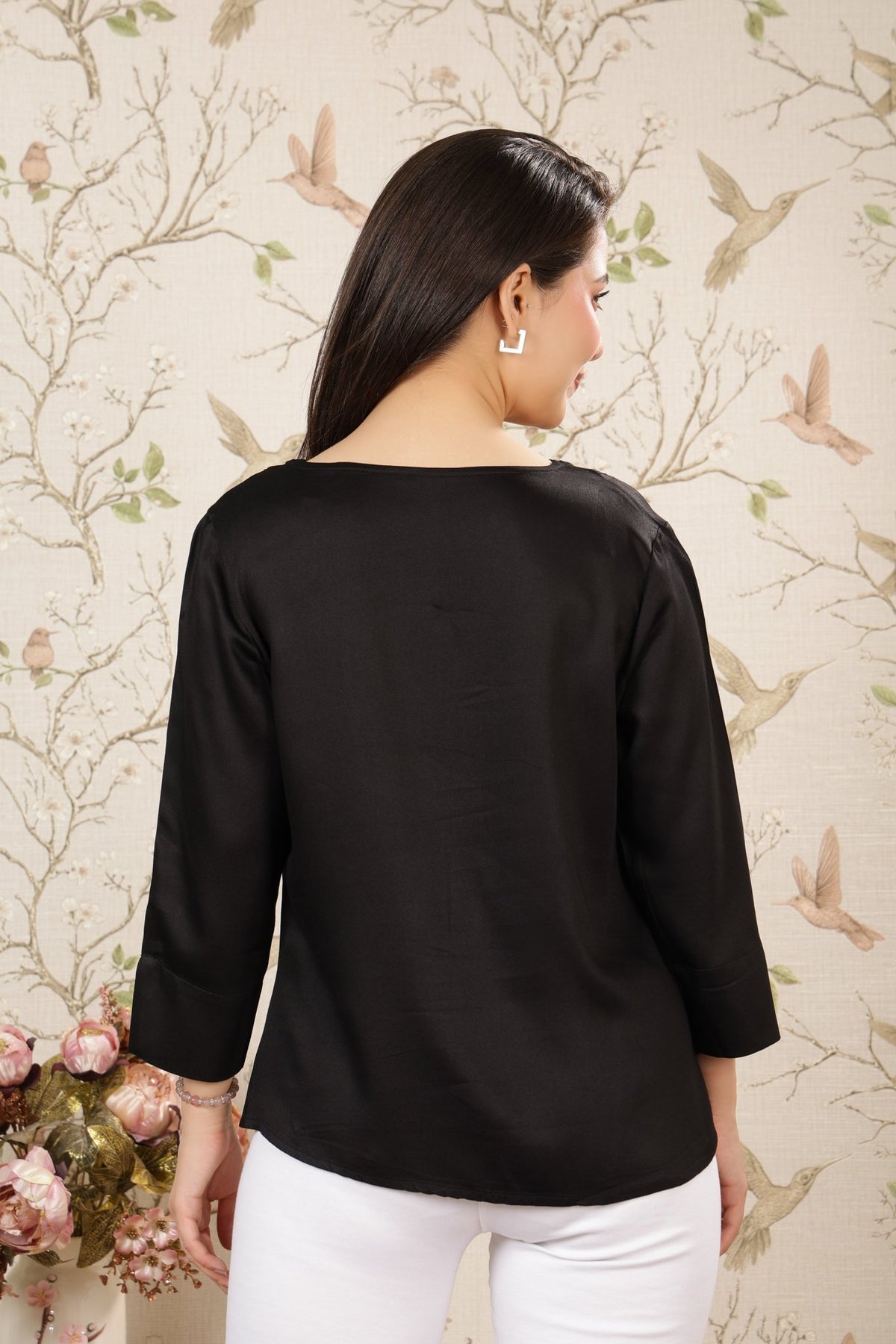 Black v-neck satin top -satin shirt