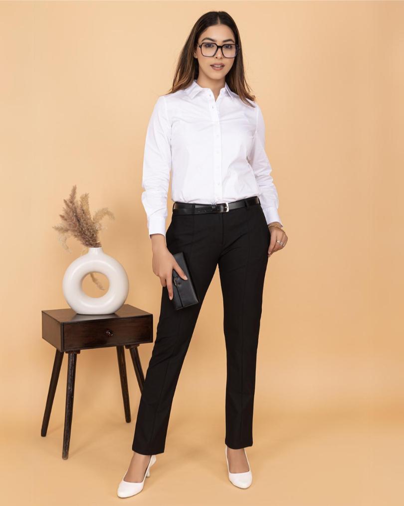 Black woven formal pants with spandex for office [Straight fit] - Woven formal office pants