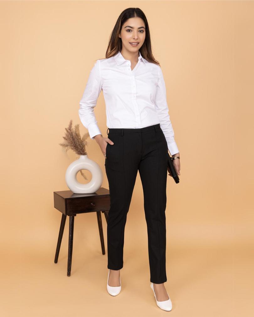 Black woven formal pants with spandex for office [Straight fit] - Woven formal office pants