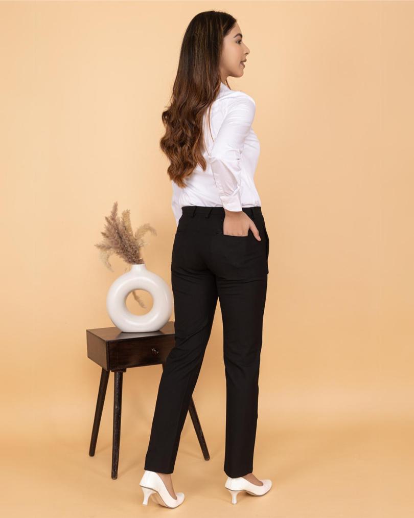 Black woven formal pants with spandex for office [Straight fit] - Woven formal office pants