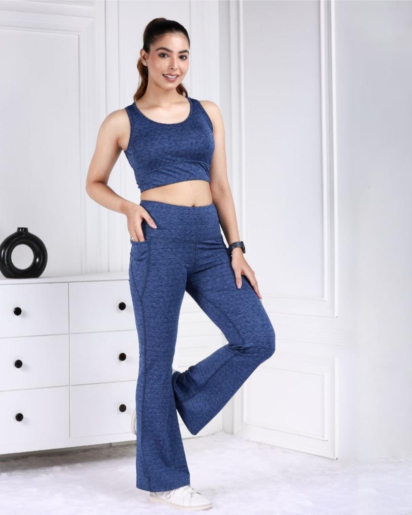 Blue Melange Active Flare Pants - Active melange flare pants