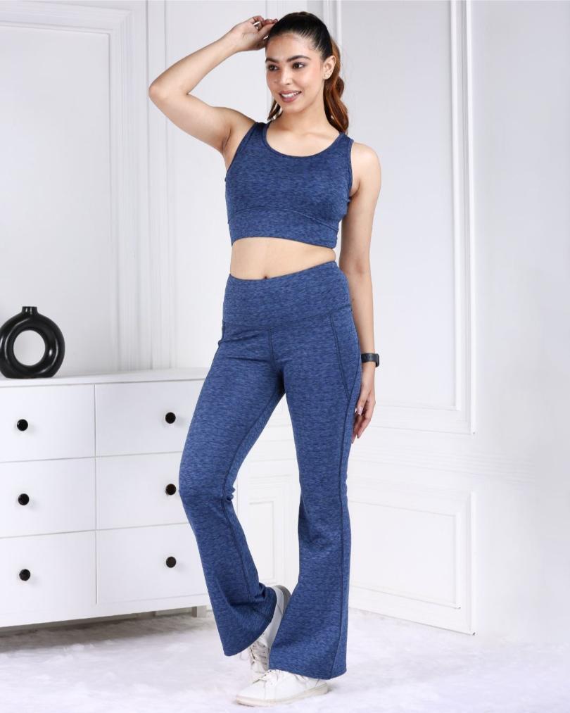 Blue Melange Active Flare Pants - Active melange flare pants