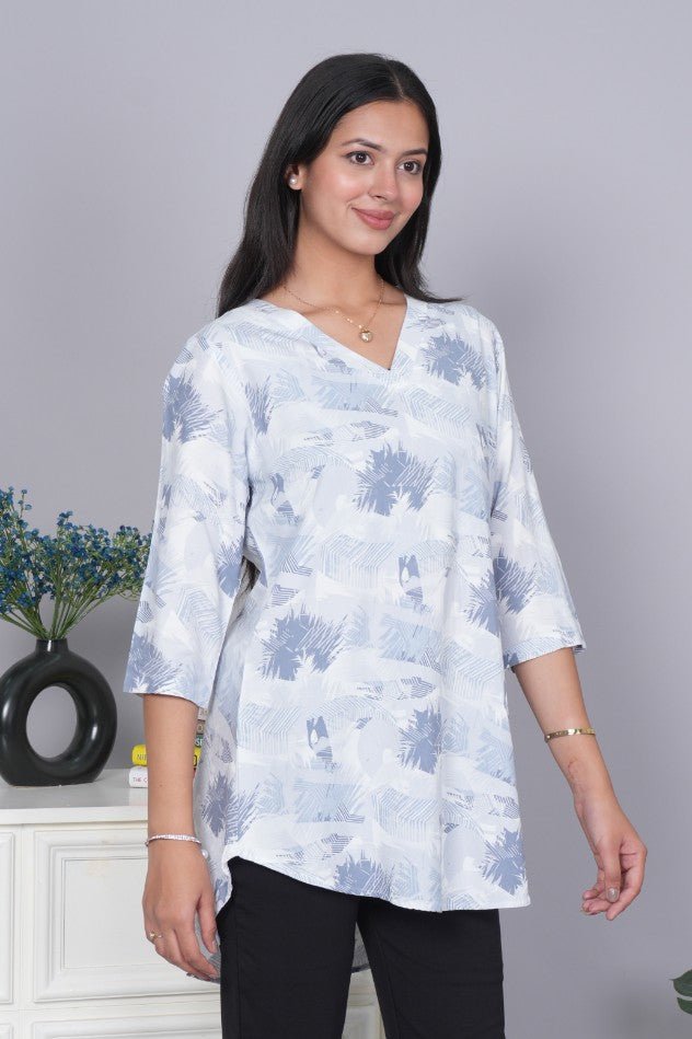 Blue v neck printed rayon flare top [100% Rayon] - Printed v neck top