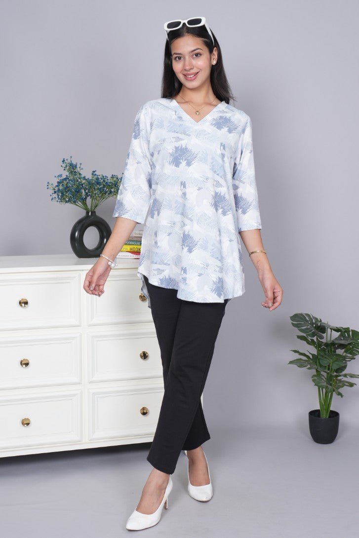 Blue v neck printed rayon flare top [100% Rayon] - Printed v neck top