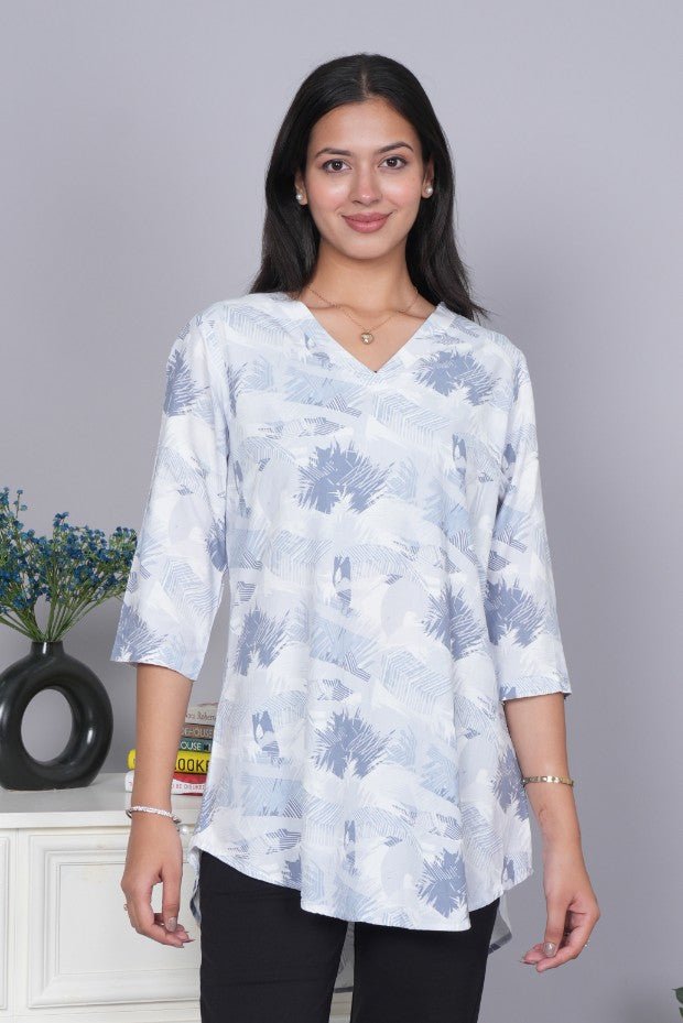 Blue v neck printed rayon flare top [100% Rayon] - Printed v neck top