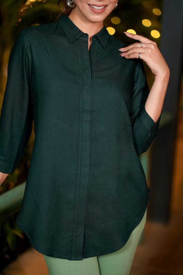 Bottle green long hemline shirt [ 100% Rayon, Liva Certified ] - Long hemline shirt