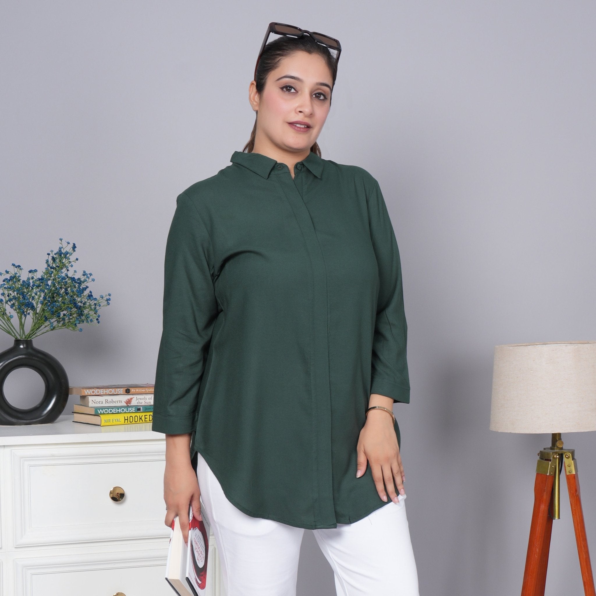 Bottle green long hemline shirt [ 100% Rayon, Liva Certified ] - Long hemline shirt