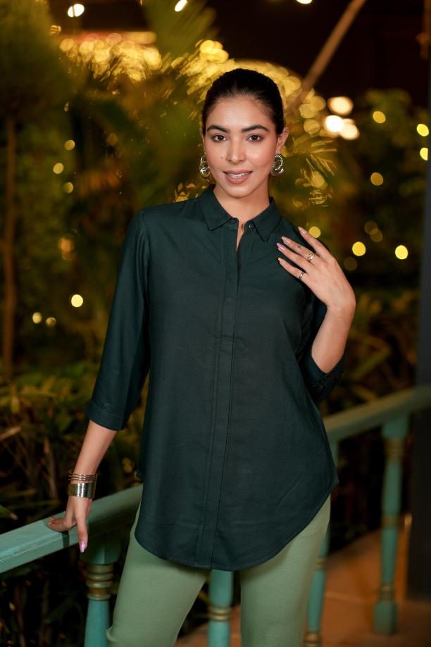 Bottle green long hemline shirt [ 100% Rayon, Liva Certified ] - Long hemline shirt