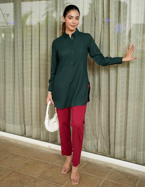 Bottle Green Longline Shirt [ 100% Rayon, Liva Certified ] - Long line shirt