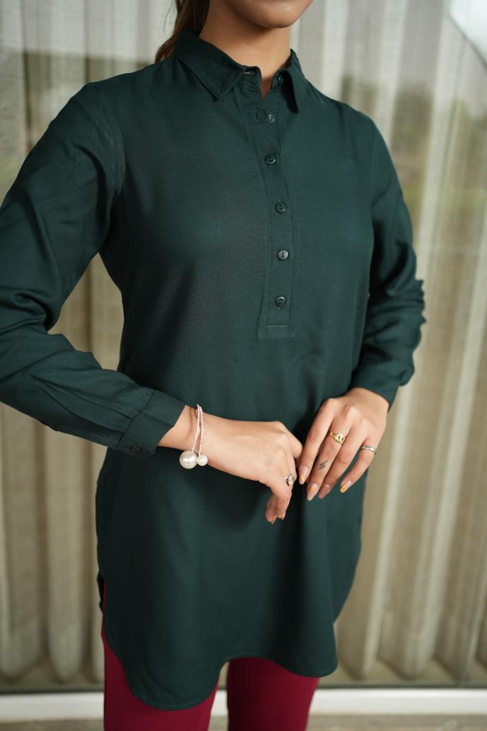 Bottle Green Longline Shirt [ 100% Rayon, Liva Certified ] - Long line shirt