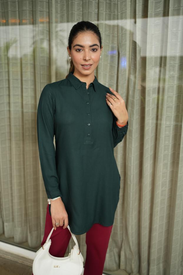 Bottle Green Longline Shirt [ 100% Rayon, Liva Certified ] - Long line shirt