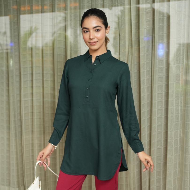 Bottle Green Longline Shirt [ 100% Rayon, Liva Certified ] - Long line shirt