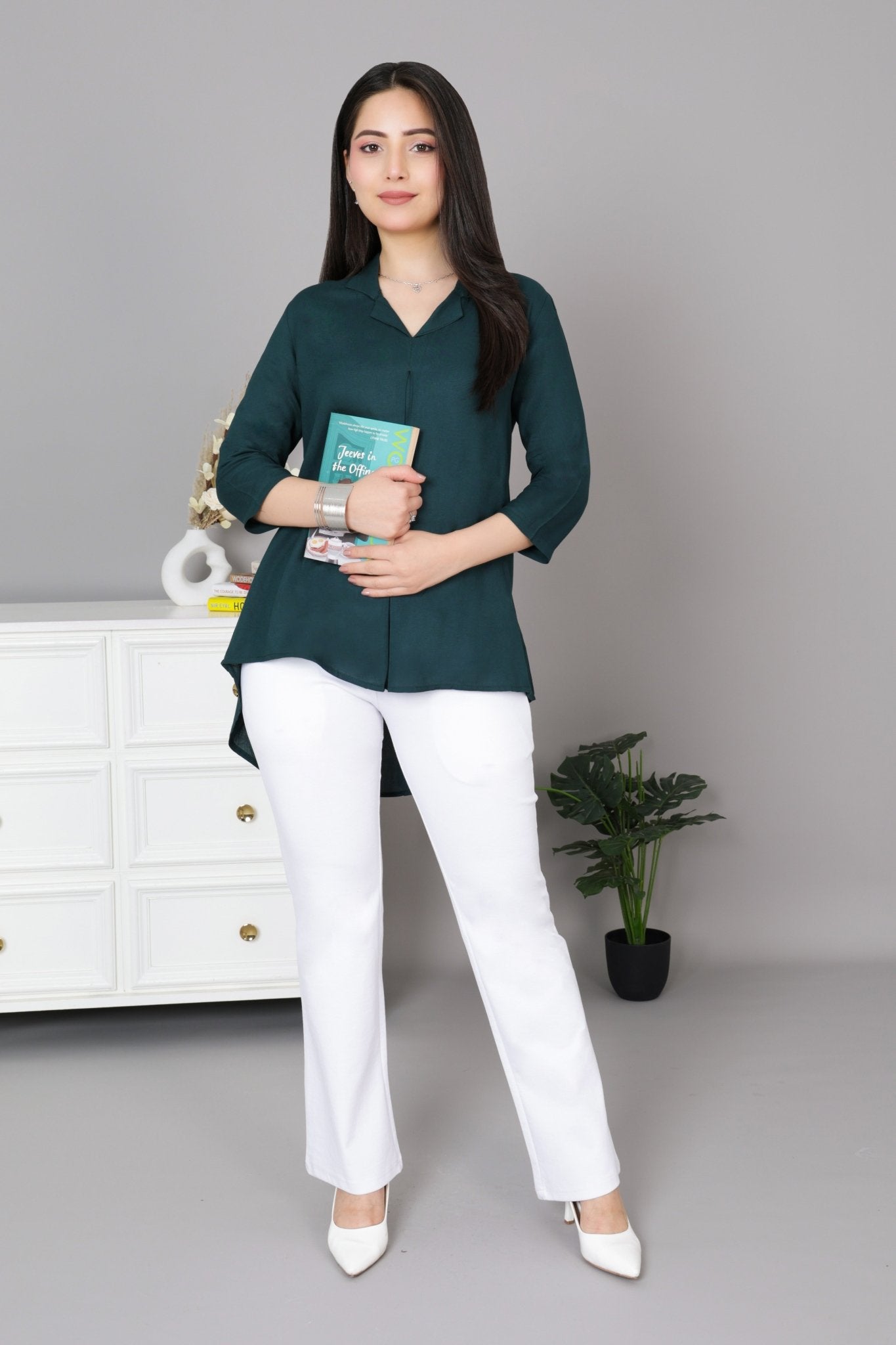 Bottle green rayon collar top [ Premium 100% Rayon, Liva Certified ] - Rayon collar top